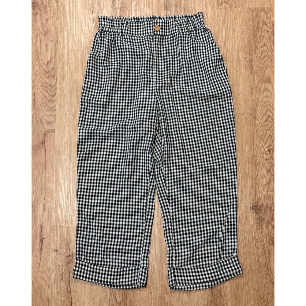 Halara Cropped High Waisted Plaid Cuffed Pants Black White Check Waist Sz M NEW